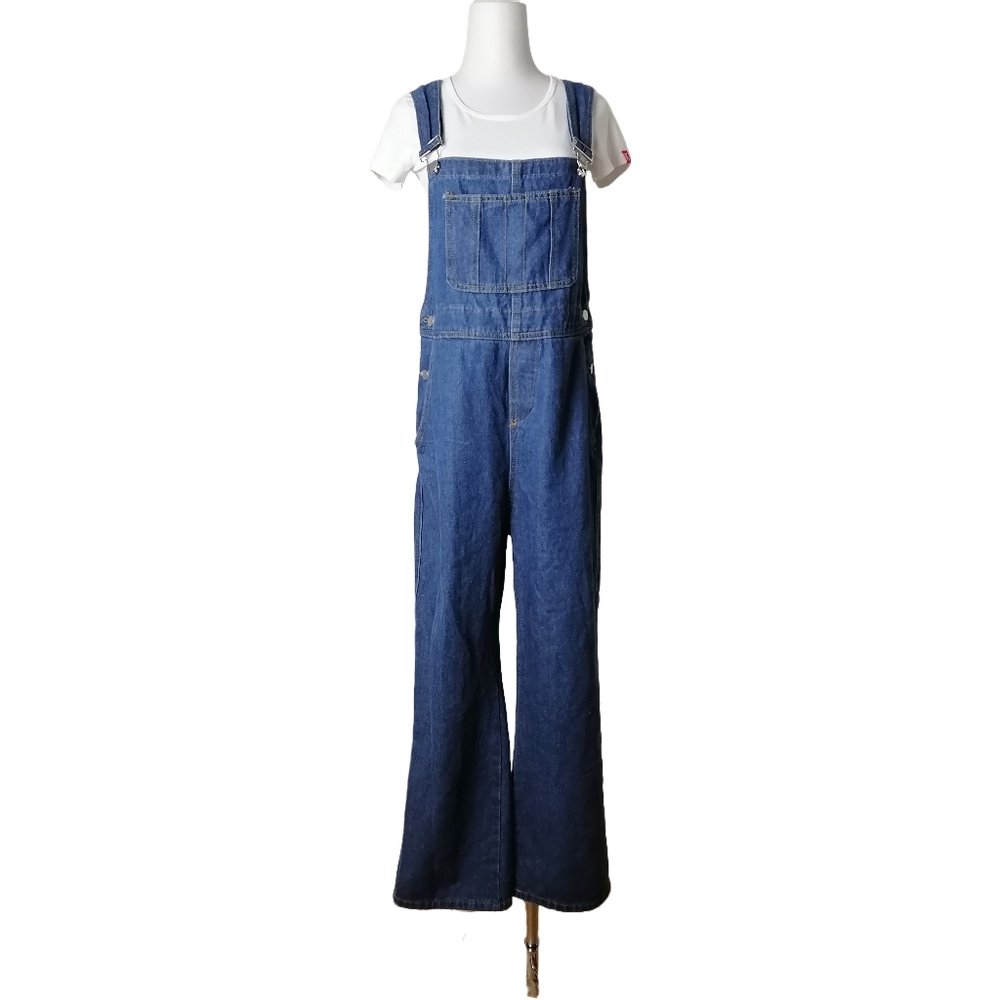 👖 M，light blue high waist wide leg overalls